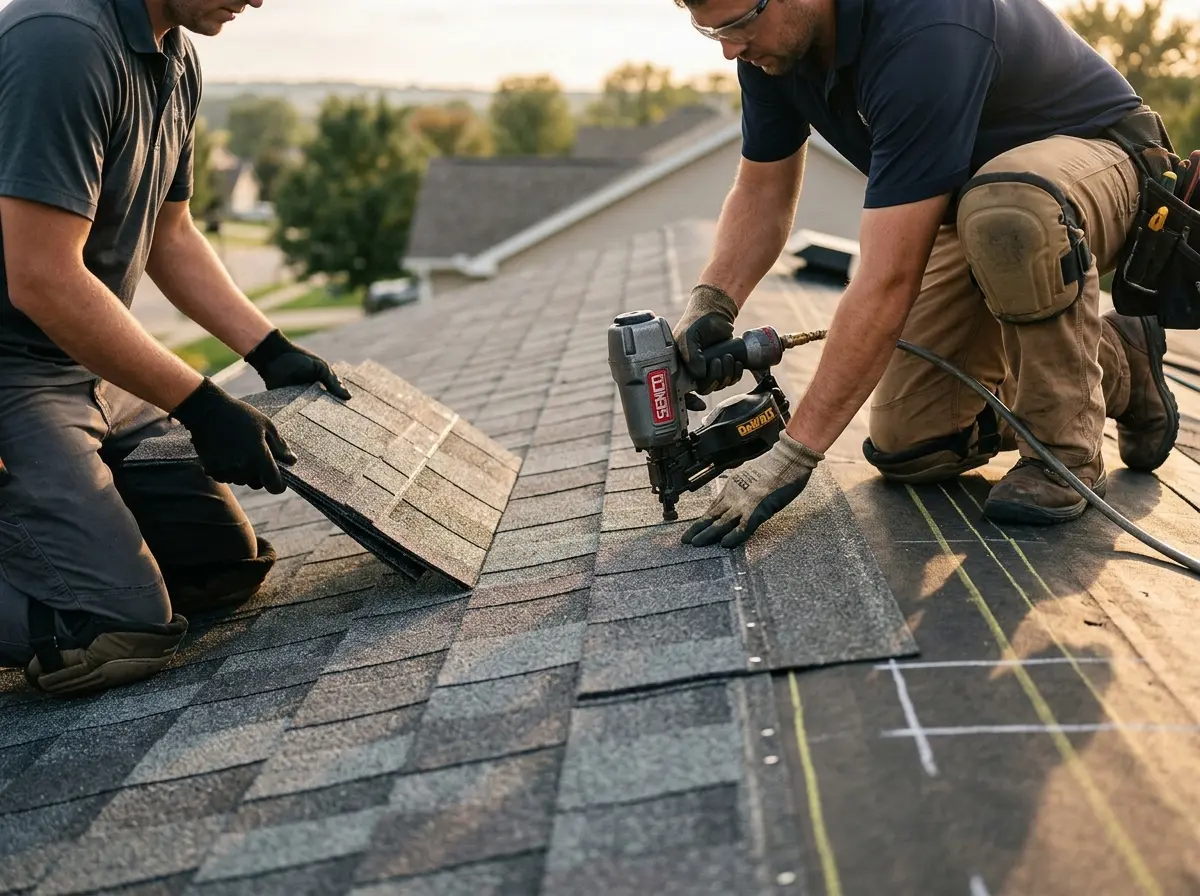 Professional roofer working on a residential roof in Briarcliff Manor